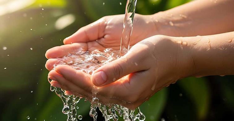 Hände, die fließendes Wasser im Sonnenlicht halten